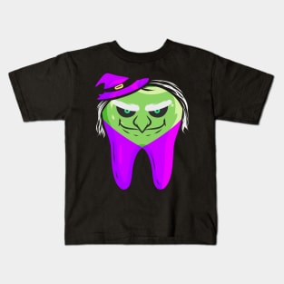 Evil Green Witch Tooth For Dentist On Halloween Kids T-Shirt